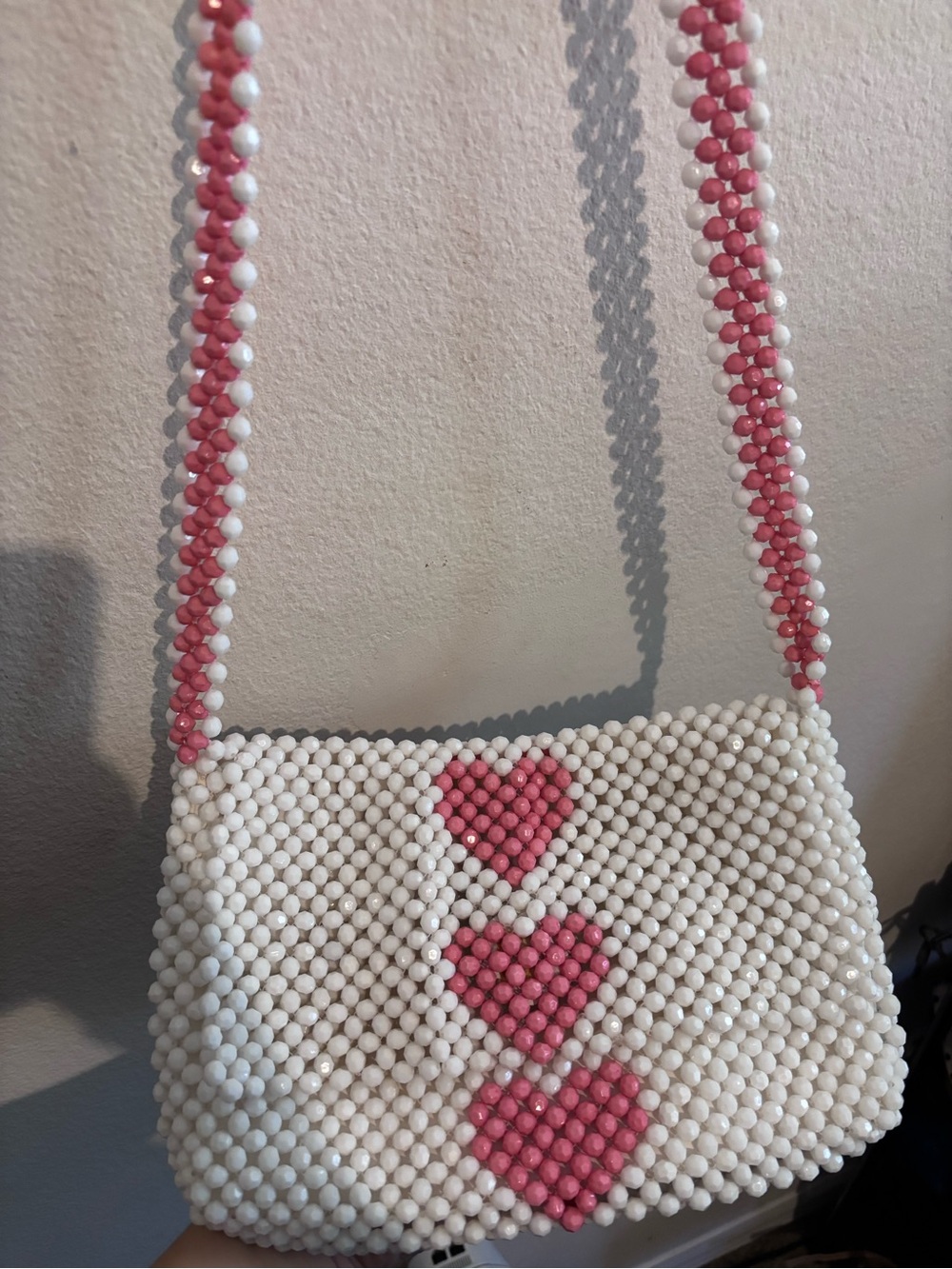 White heart Beaded Shoulder Bag with Pink Heart Detail